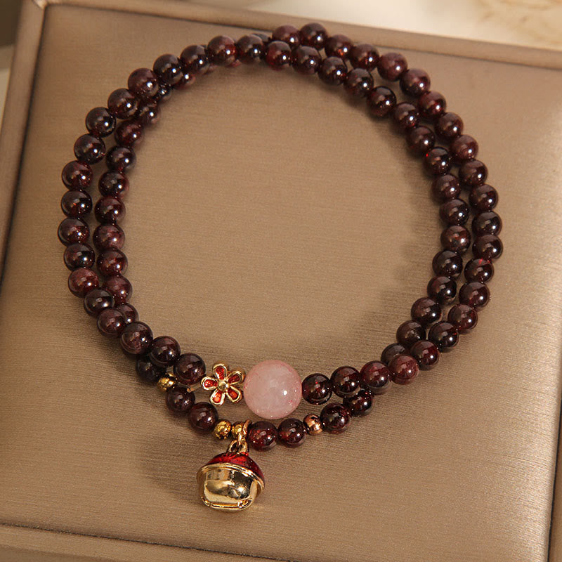 KarmaRipple's Authentic 3mm Ultra-thin Garnet Rose Quartz Beadwork Money Bag Bell Flower Protection Bracelet p10