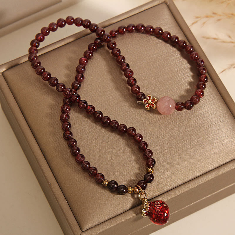 KarmaRipple's Authentic 3mm Ultra-thin Garnet Rose Quartz Beadwork Money Bag Bell Flower Protection Bracelet p8