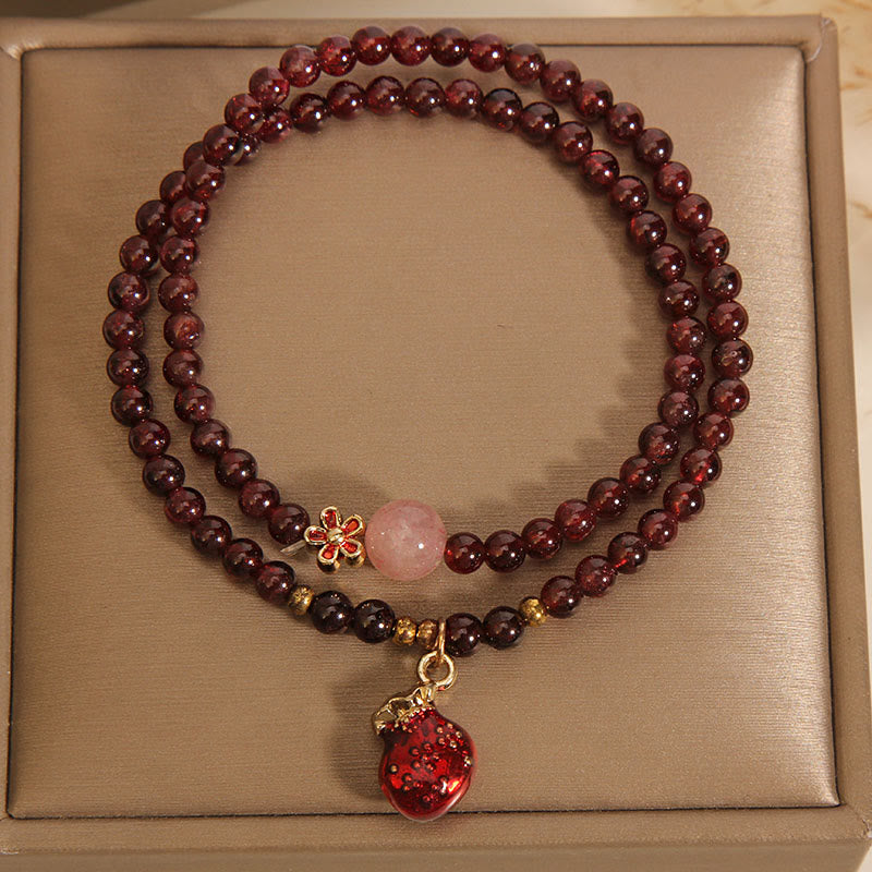 KarmaRipple's Authentic 3mm Ultra-thin Garnet Rose Quartz Beadwork Money Bag Bell Flower Protection Bracelet p6