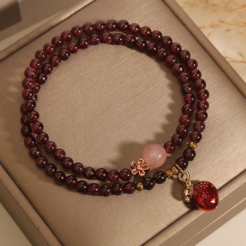 KarmaRipple's Authentic 3mm Ultra-thin Garnet Rose Quartz Beadwork Money Bag Bell Flower Protection Bracelet p4