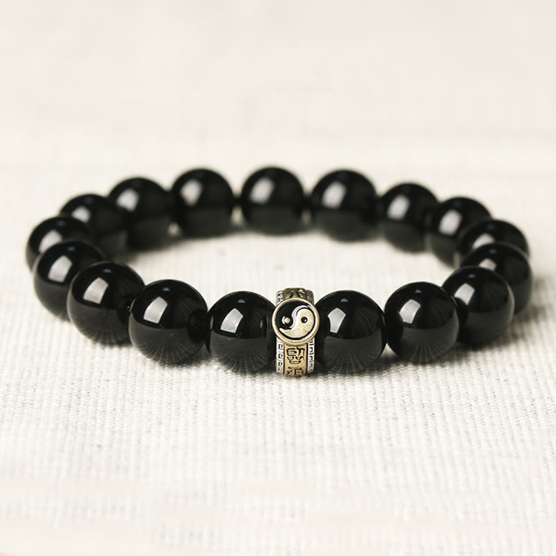 KarmaRipple's Black Obsidian Yin Yang Nine-Character Mantra Fulfilment Bracelet p1