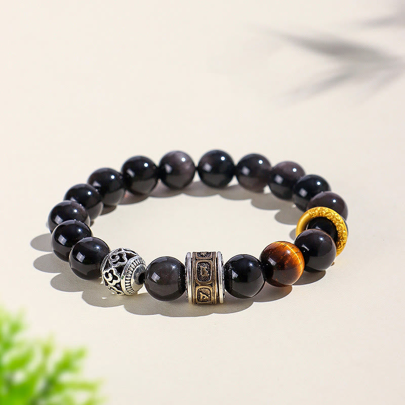 KarmaRipple's Silver Sheen Obsidian Tiger Eye Om Mani Padme Hum Protection Bracelet p1