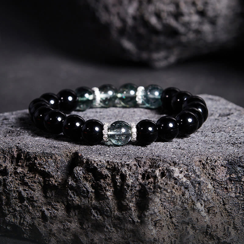 KarmaRipple's 925 Sterling Silver Black Obsidian Green Phantom Strength Bracelet p1