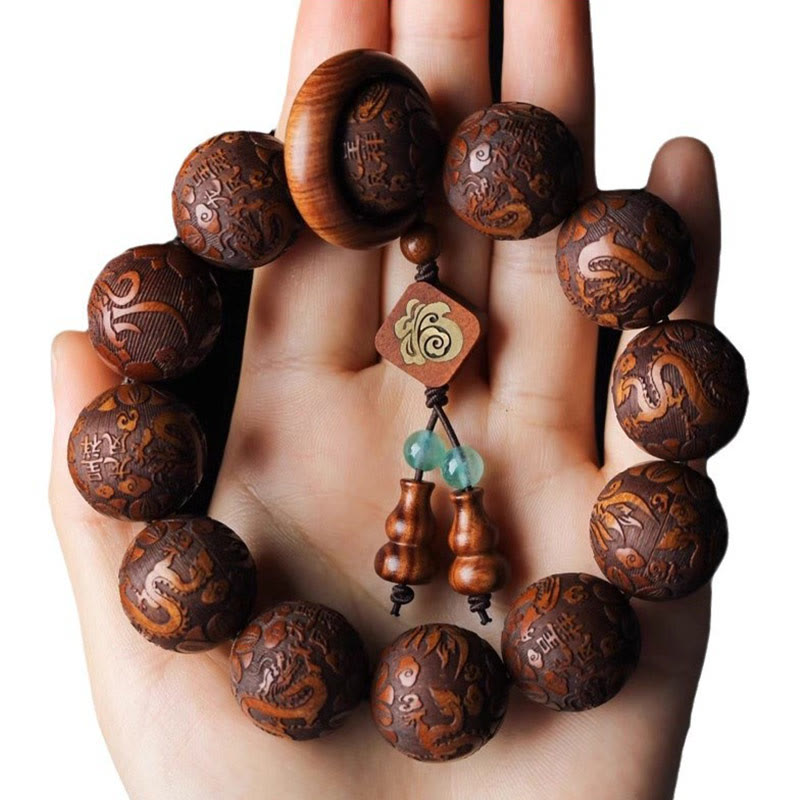 KarmaRipple's Authentic Carving Dragon And Phoenix Fu Character Gourd Rosewood Beadwork Warmth Bracelet p10