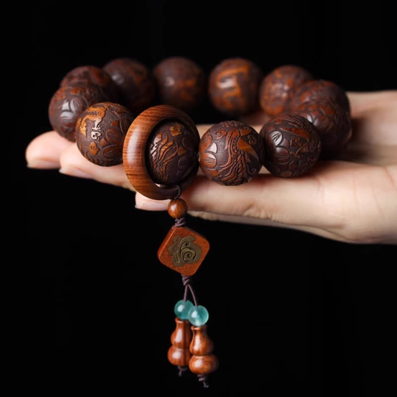 KarmaRipple's Authentic Carving Dragon And Phoenix Fu Character Gourd Rosewood Beadwork Warmth Bracelet p4