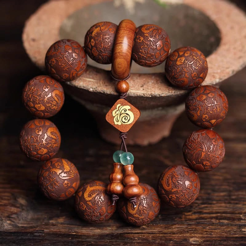 KarmaRipple's Authentic Carving Dragon And Phoenix Fu Character Gourd Rosewood Beadwork Warmth Bracelet p1