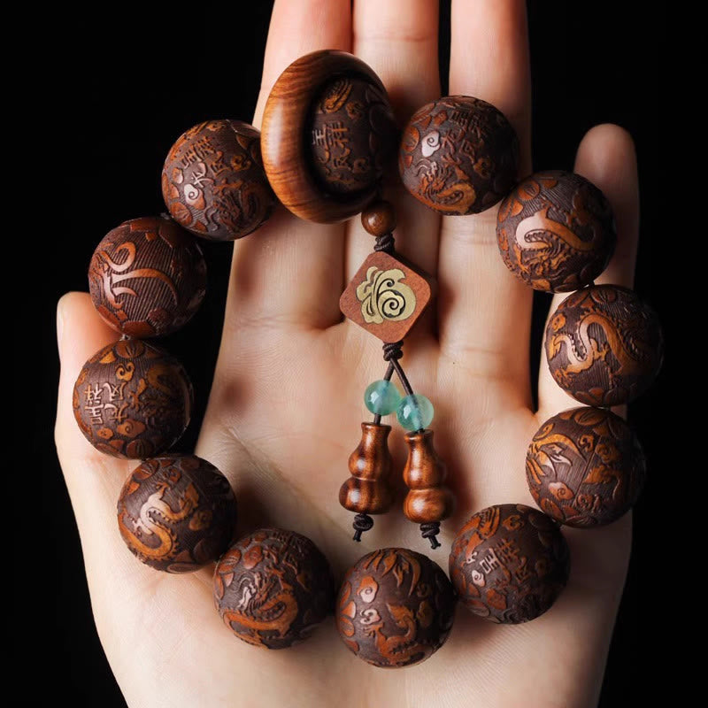 KarmaRipple's Authentic Carving Dragon And Phoenix Fu Character Gourd Rosewood Beadwork Warmth Bracelet p3