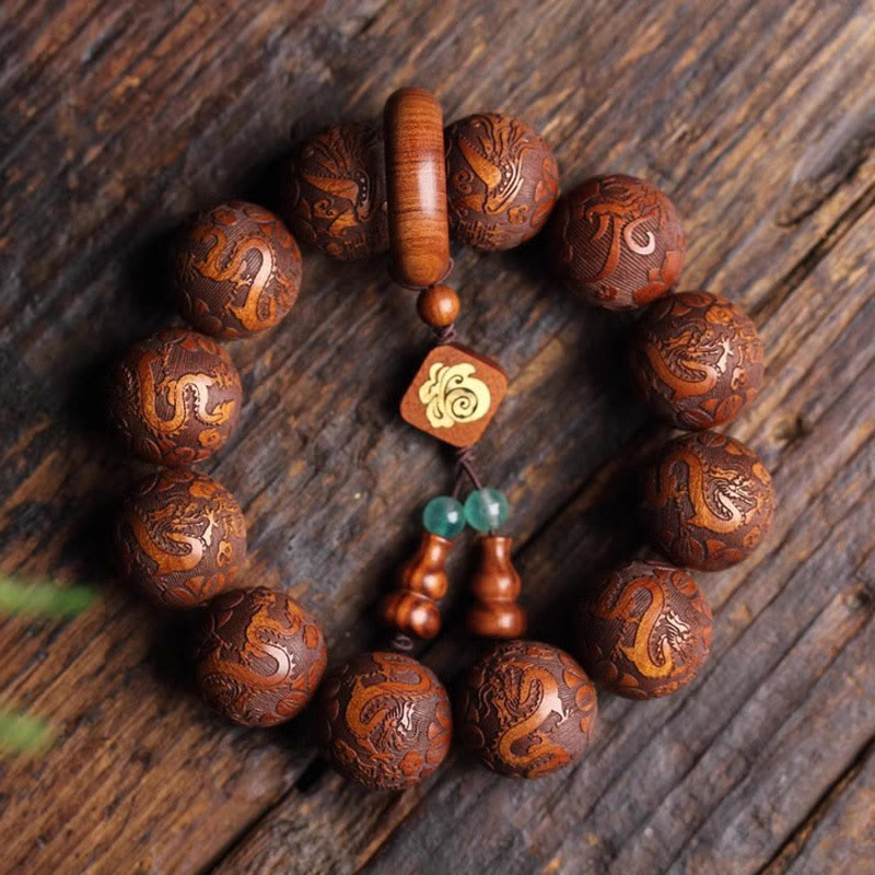 KarmaRipple's Authentic Carving Dragon And Phoenix Fu Character Gourd Rosewood Beadwork Warmth Bracelet p2