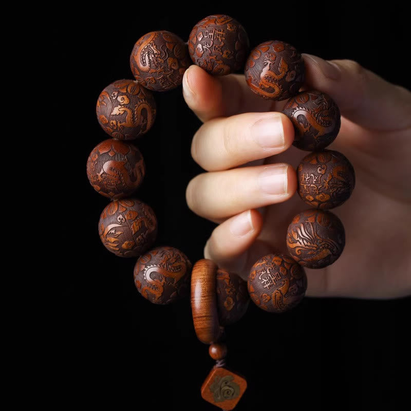 KarmaRipple's Authentic Carving Dragon And Phoenix Fu Character Gourd Rosewood Beadwork Warmth Bracelet p5