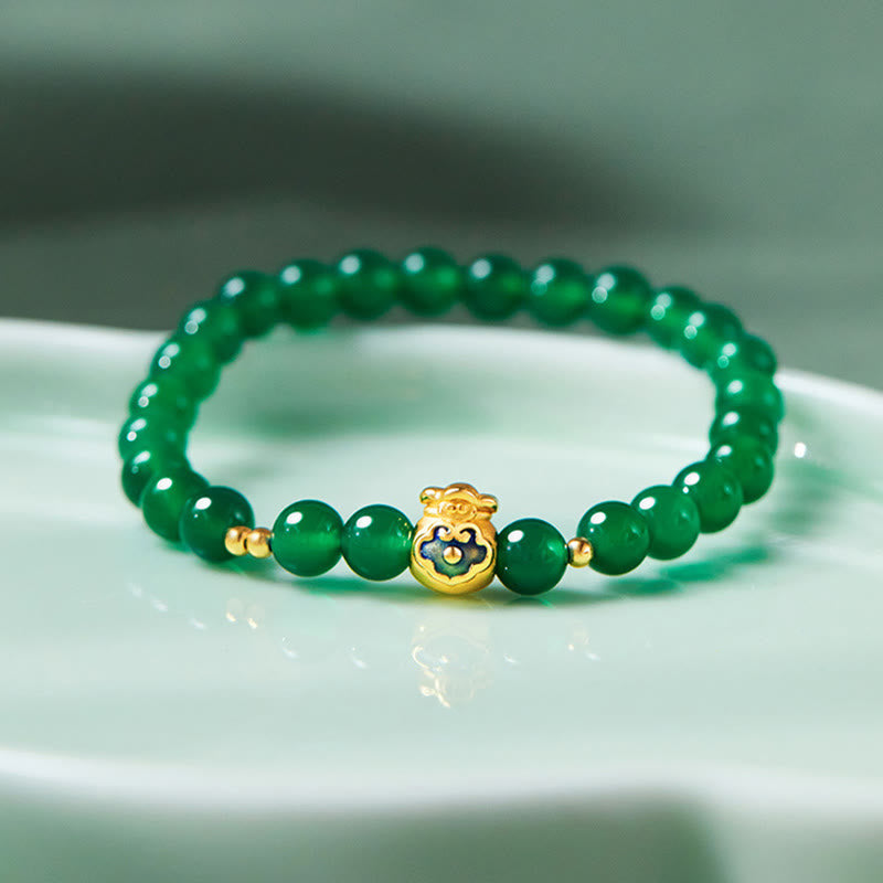 KarmaRipple's 999 Sterling Silver Fortunate Bag Green Chalcedony Calm Bracelet p2