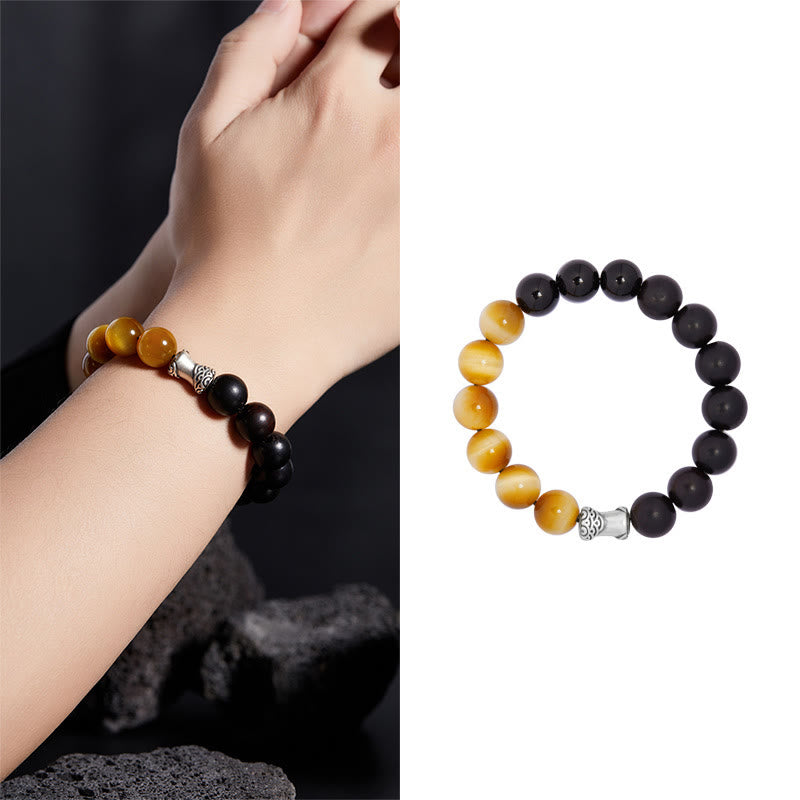 KarmaRipple's 999 Sterling Silver Ebony Tiger Eye Black Obsidian Relax Bracelet p10