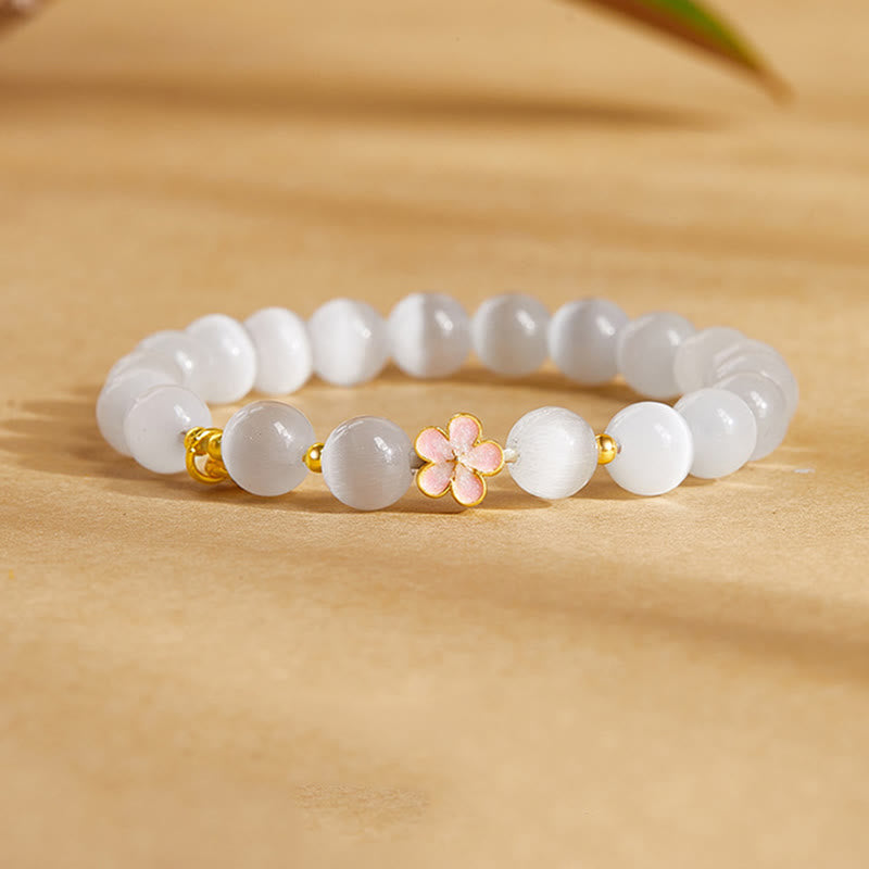 KarmaRipple's 925 Sterling Silver Authentic Peach Blossom Ivory Cat's Eye Positive Bracelet p1