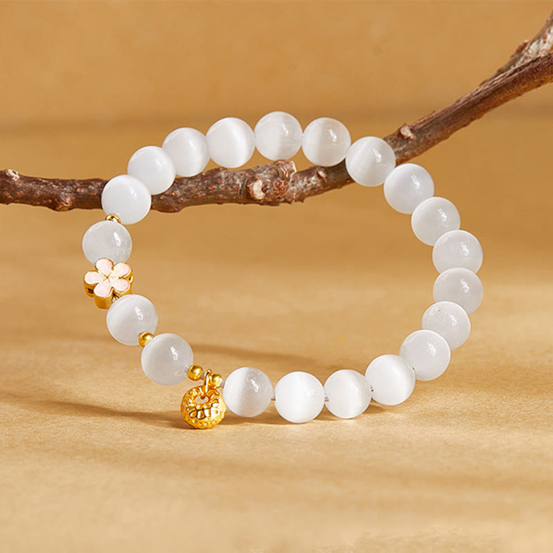 KarmaRipple's 925 Sterling Silver Authentic Peach Blossom Ivory Cat's Eye Positive Bracelet p2