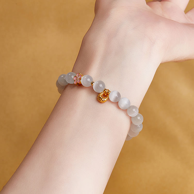 KarmaRipple's 925 Sterling Silver Authentic Peach Blossom Ivory Cat's Eye Positive Bracelet p9