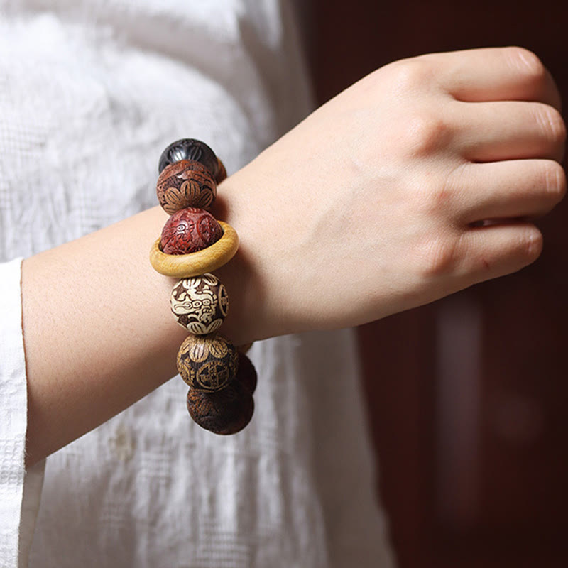 KarmaRipple's Carving Sandalwood Chinese Zodiac Auspicious Dragon Phoenix Fu Character Balancing Bracelet p24