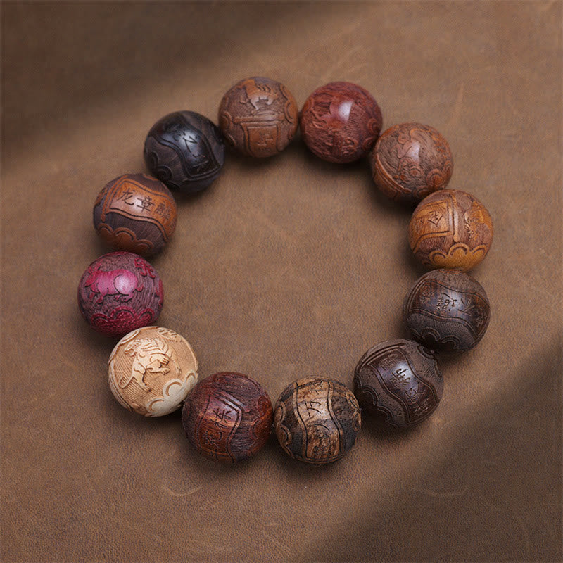 KarmaRipple's Carving Sandalwood Chinese Zodiac Auspicious Dragon Phoenix Fu Character Balancing Bracelet p31