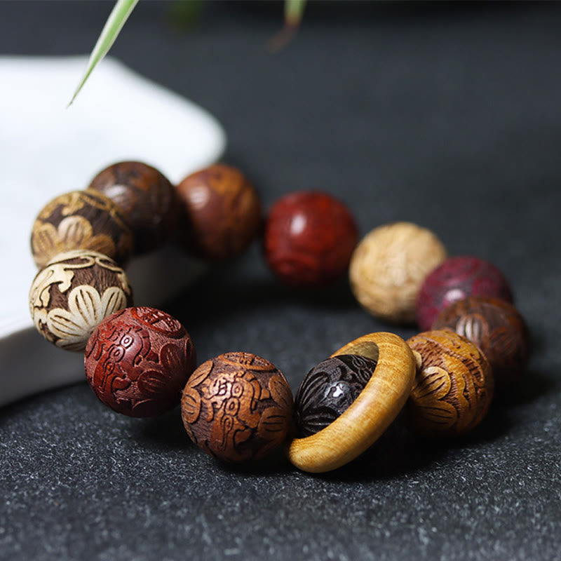 KarmaRipple's Carving Sandalwood Chinese Zodiac Auspicious Dragon Phoenix Fu Character Balancing Bracelet p19