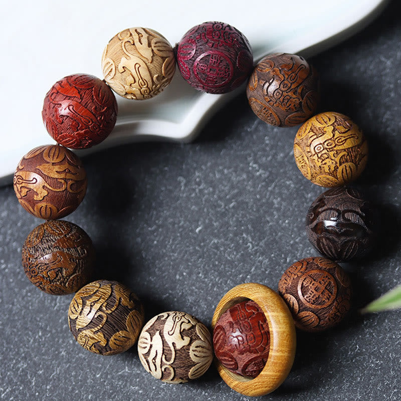 KarmaRipple's Carving Sandalwood Chinese Zodiac Auspicious Dragon Phoenix Fu Character Balancing Bracelet p22