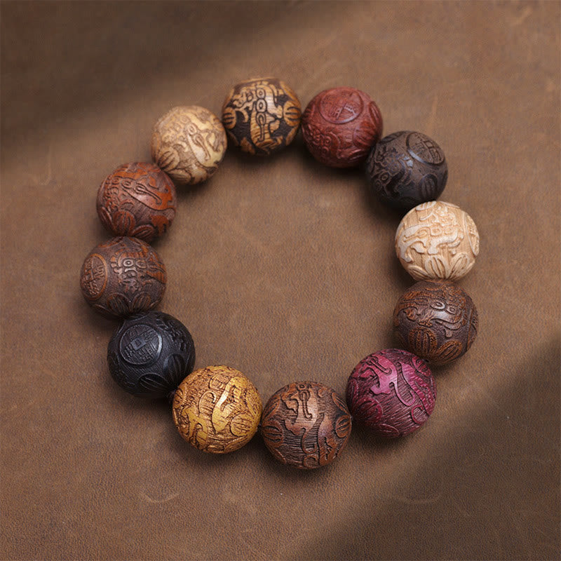 KarmaRipple's Carving Sandalwood Chinese Zodiac Auspicious Dragon Phoenix Fu Character Balancing Bracelet p30