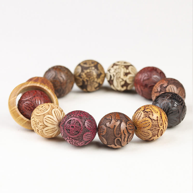 KarmaRipple's Carving Sandalwood Chinese Zodiac Auspicious Dragon Phoenix Fu Character Balancing Bracelet p23