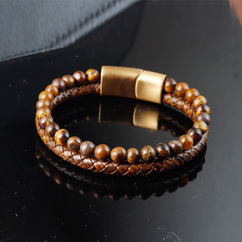 KarmaRipple's Multi-layer Woven Tiger Eye Stone Beadwork Leather Titanium Steel Strength Buckle Bracelet p1