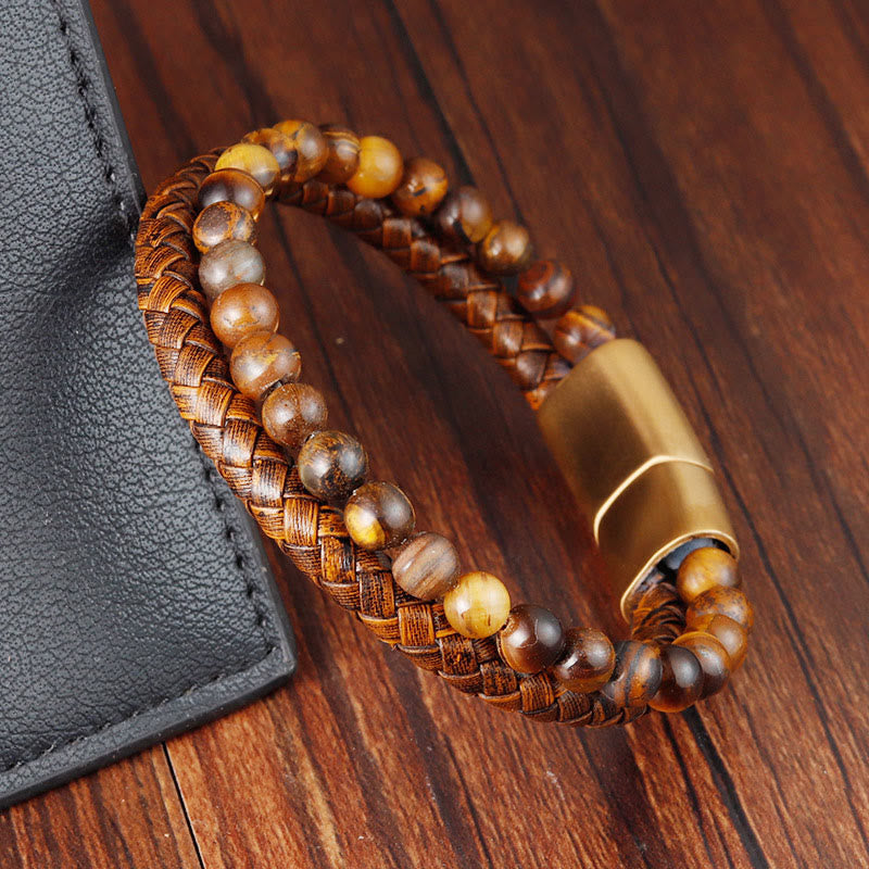 KarmaRipple's Multi-layer Woven Tiger Eye Stone Beadwork Leather Titanium Steel Strength Buckle Bracelet p3