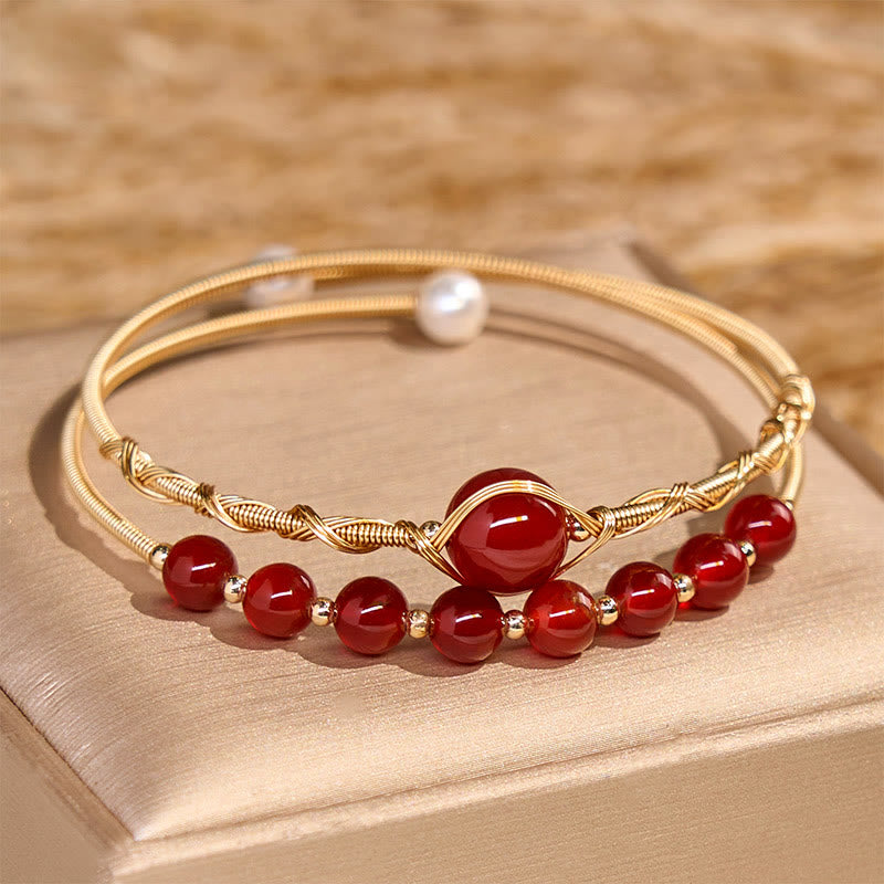 KarmaRipple's 14K Gold Filled Bronze Authentic Red Agate Beadwork Confidence Metal Cuff Bracelet Bangle p1