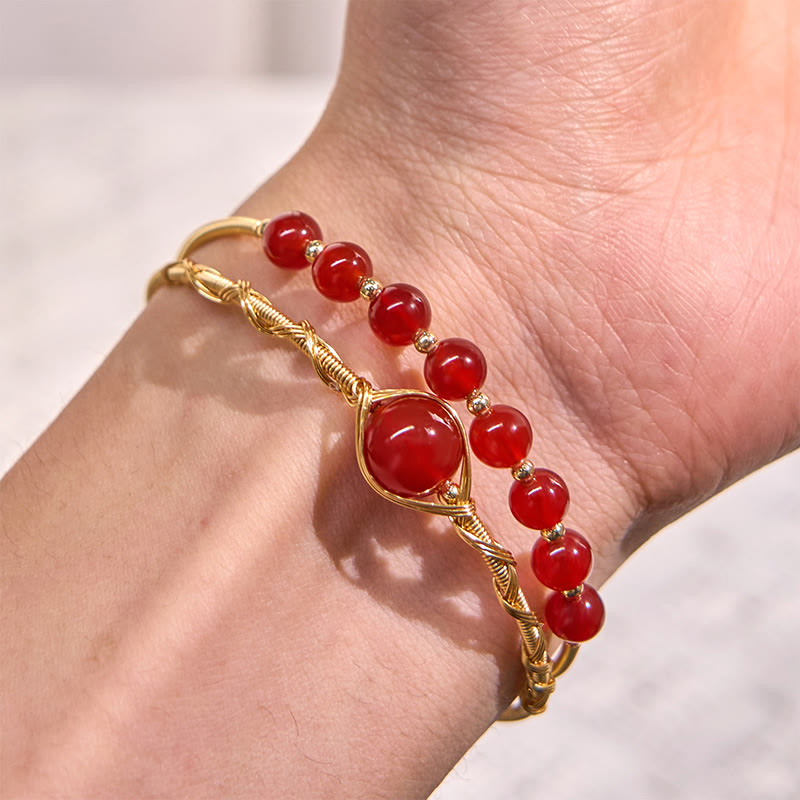 KarmaRipple's 14K Gold Filled Bronze Authentic Red Agate Beadwork Confidence Metal Cuff Bracelet Bangle p5