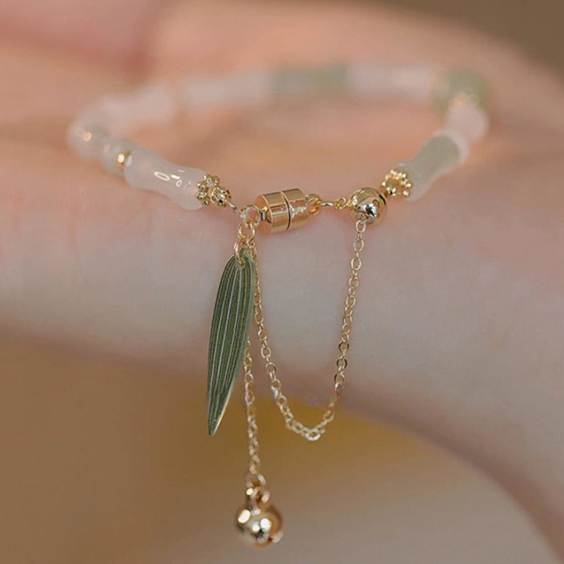 KarmaRipple's 14K Gold Plated Hetian Ivory Jade Bamboo Leaf Fortune Protection Bracelet p5
