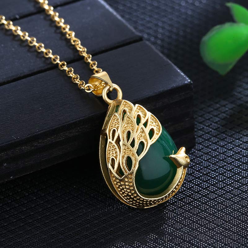 KarmaRipple's Pink Gemstone Green Chalcedony Peacock Bronze Soothing Love Pendant Necklace p12