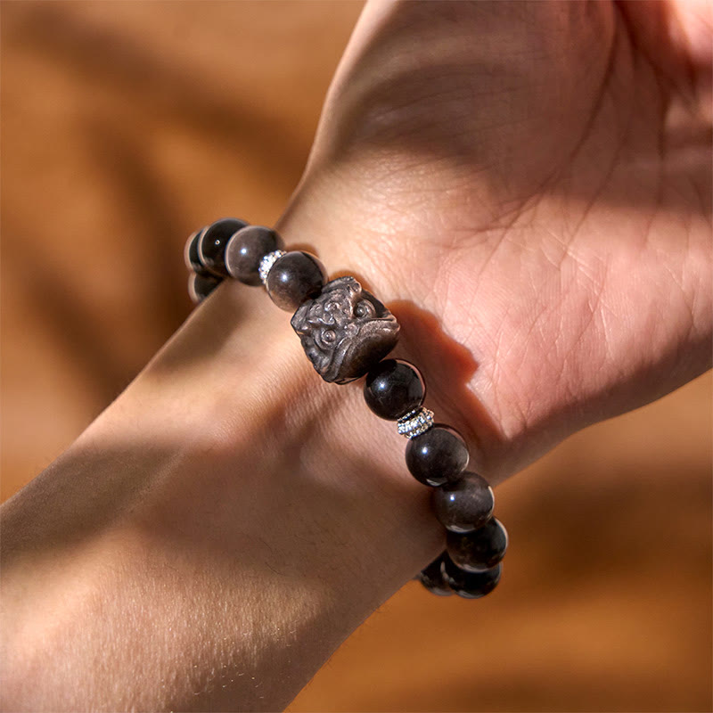 KarmaRipple's Authentic Silver Sheen Obsidian Lion Dance Protection Bracelet p5