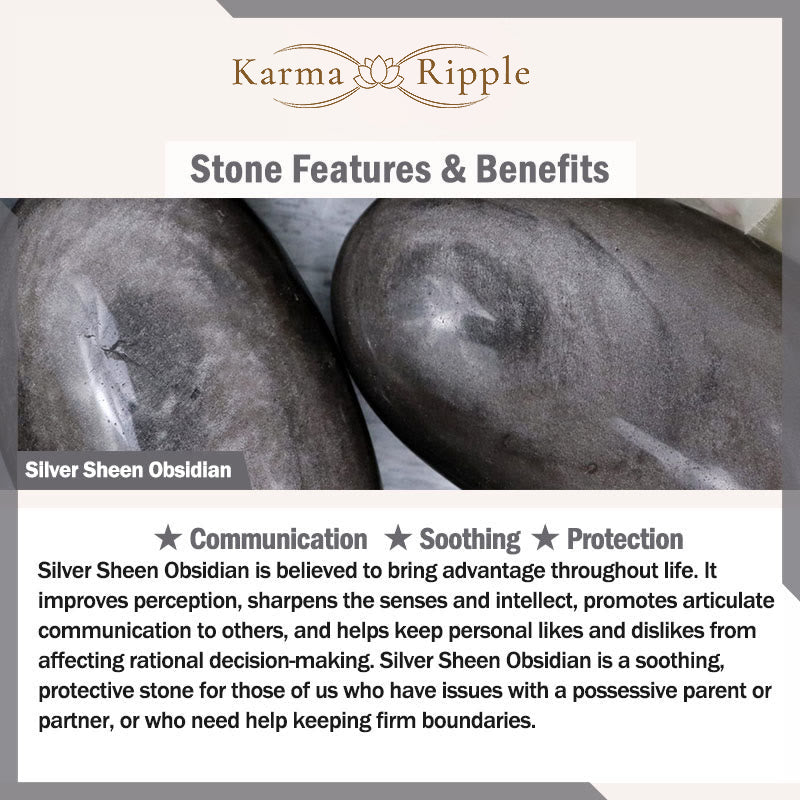 KarmaRipple's Silver Sheen Obsidian Crackle Clear Quartz Black Rutilated Quartz Yin Yang Lotus Protection Bracelet p10