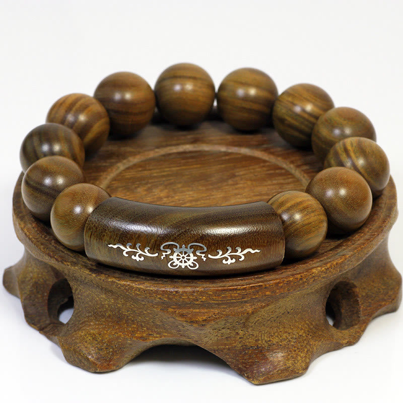 KarmaRipple's 999 Sterling Silver Green Sandalwood Om Mani Padme Hum Dragon Phoenix Dharmachakra Inlaid Peace Bracelet p34