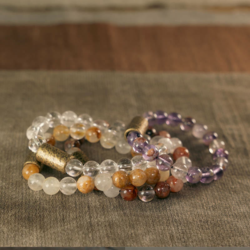 KarmaRipple's Ivory Gemstone Red Hematoid Quartz Gold Rutilated Quartz Purple Phantom Protection Bracelet p33