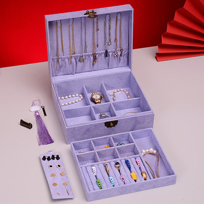KarmaRipple's Simple Design Jewelry Box Organizer Two-Layer Jewelry Storage Box Flannel Box With Lock p23