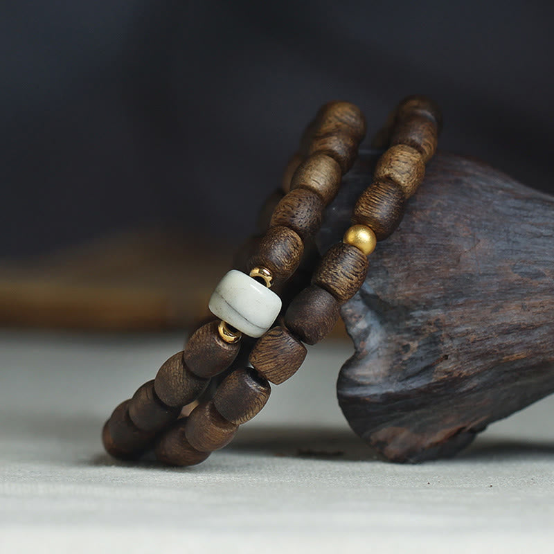 KarmaRipple's 999 Gold Rare Tarakan Agarwood Tibetan Old Spirit Bone Balance Strength Double Wrap Bracelet p27