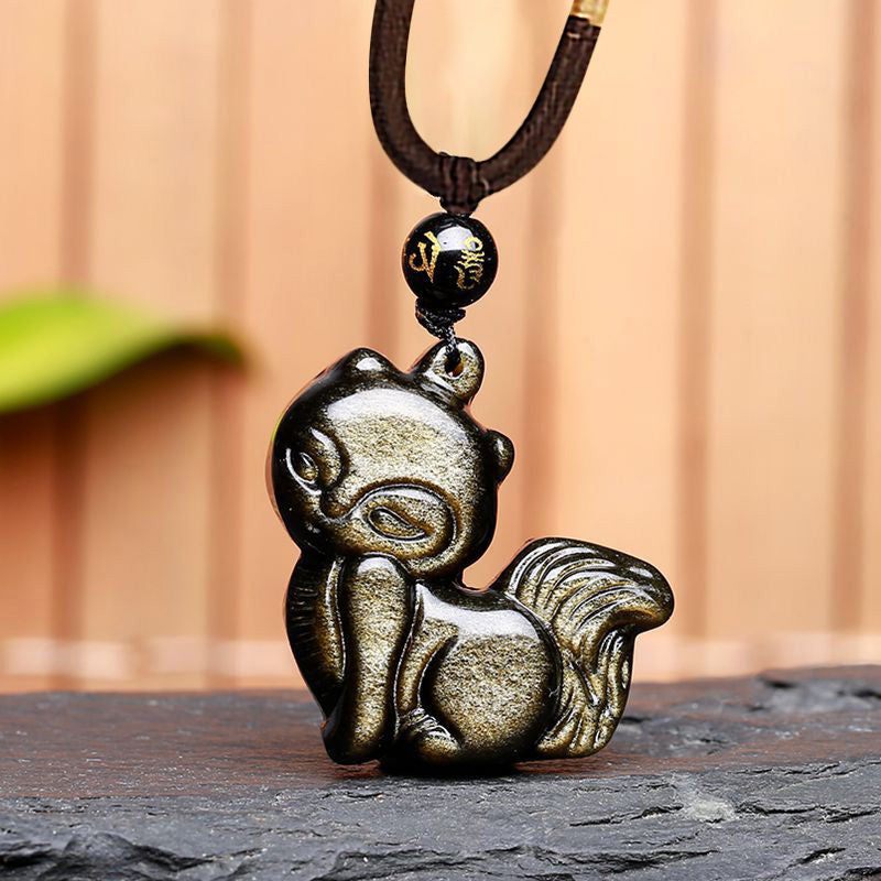 KarmaRipple's Authentic Rainbow Obsidian Gold Sheen Obsidian Nine Tailed Fox Positive Pendant Necklace p3