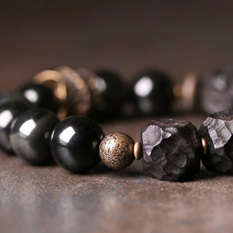 KarmaRipple's Black Obsidian Ebony Wood Bronze Strength Pair Bracelet p9