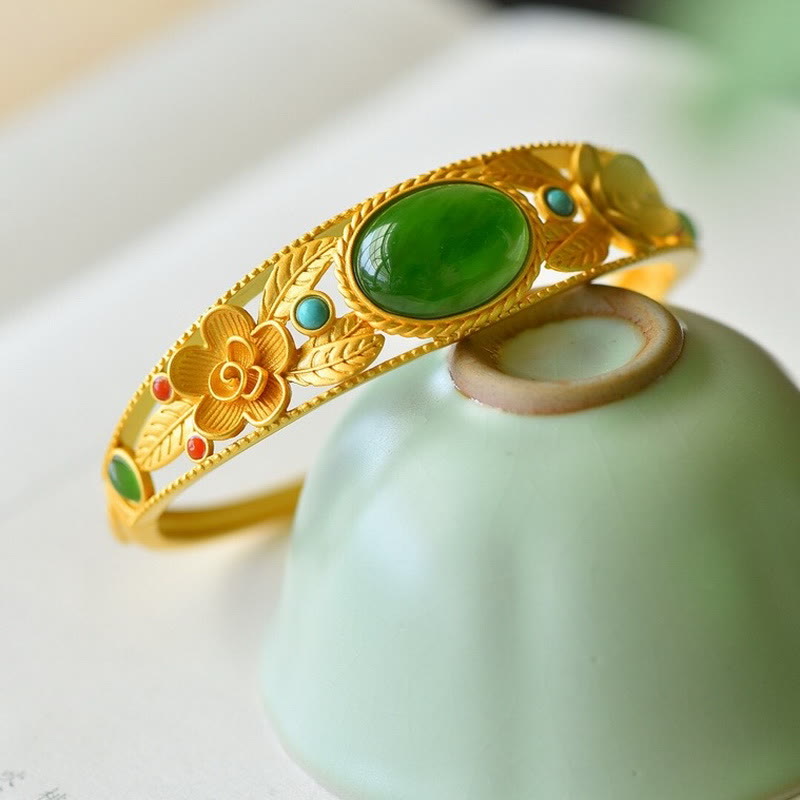 KarmaRipple's Cyan Jade Ivory Jade Flower Leaf Balance Fortune Bracelet Bangle p6