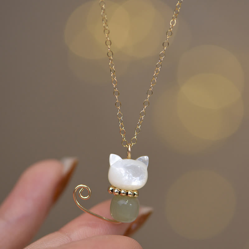 KarmaRipple's 14K Gold Plated Pearl Hetian Jade Shell Fortune Cat Kitten Pendant Necklace p13