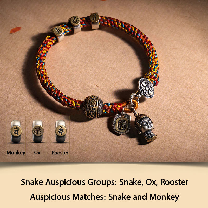 KarmaRipple's Handmade Tibetan 925 Sterling Silver Chinese Zodiac Natal Buddha Zakiram Goddess of Wealth Protection Multicolored Rope Woven Bracelet p50
