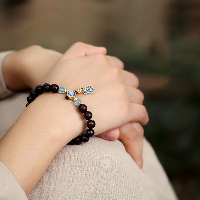 KarmaRipple's 925 Sterling Silver Indian Small Leaf Red Sandalwood Aquamarine Full of Gold Star Chinese Knotting Blessing Bracelet p4