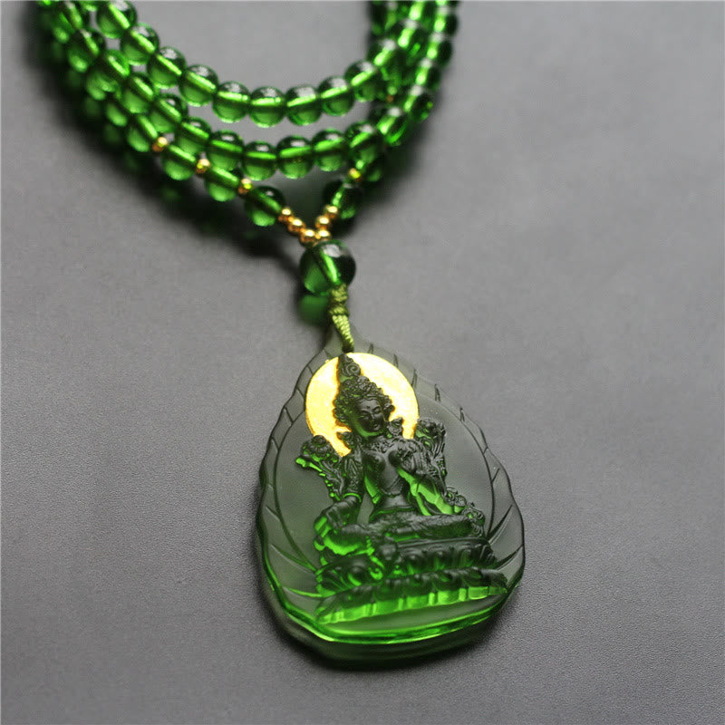 KarmaRipple's Tibetan Green Tara Buddha Gold Plated Liuli Gemstone Protection Pendant Necklace p4