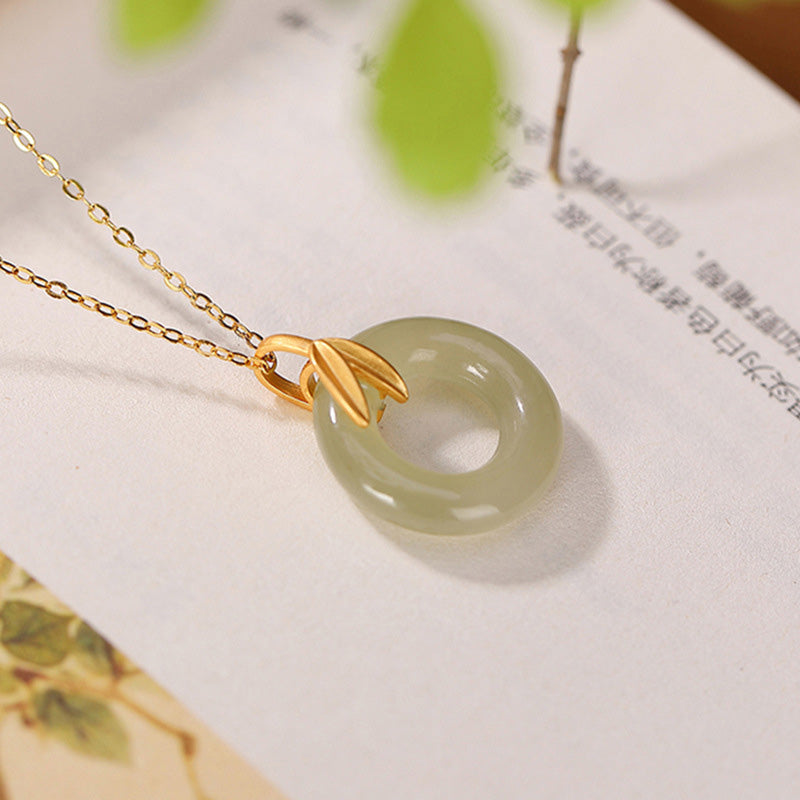 KarmaRipple's 925 Sterling Silver Cyan Jade Peace Buckle Bamboo Leaf Balance Pendant Necklace p6