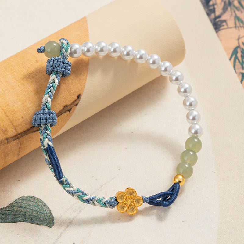 KarmaRipple's 925 Sterling Silver Hetian Jade Peach Blossom Flower Pearl Woven Fortune Bracelet p2