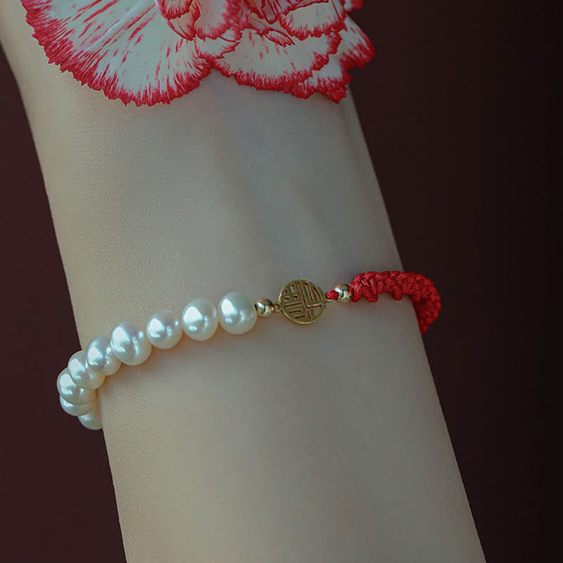 KarmaRipple's 14K Gold Plated Pearl Bead Fortune Protection Braid Red String Bracelet p19
