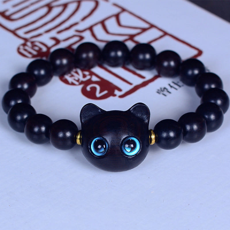 KarmaRipple's Ebony Wood Liuli Glass Lovely Cat Peace Balance Bracelet p20