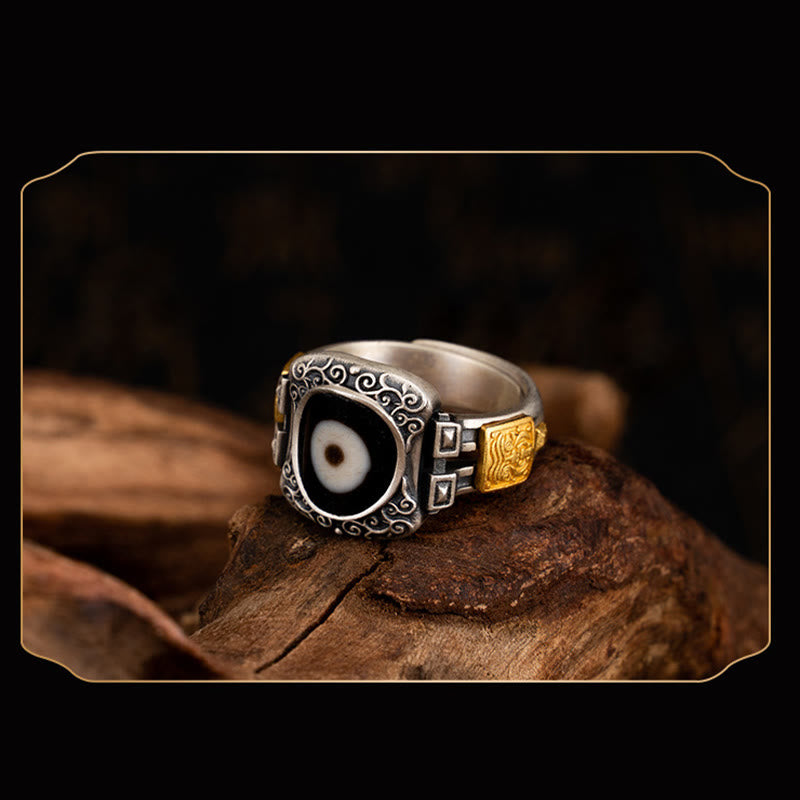 KarmaRipple's 925 Sterling Silver Zakiram Goddess of Wealth Design Dzi Bead Protection Ring p7