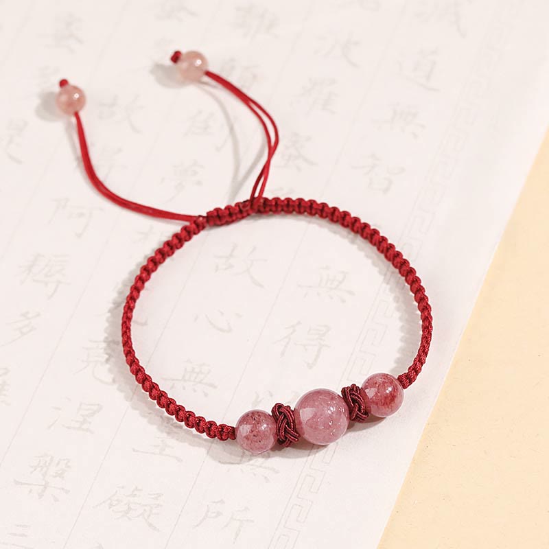 KarmaRipple's Authentic Strawberry Quartz Gemstone Love Red String Weave Bracelet Anklet ( p1