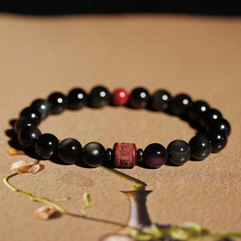 KarmaRipple's Authentic Gold Sheen Obsidian Rainbow Obsidian Om Mani Padme Hum Fu Character Balancing Bracelet p59